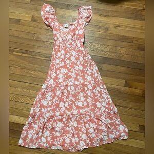 Floral Coral Maxi Dress with Flutter Sleeves